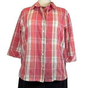 Alia Petites 12P Plaid Button-Up Blouse Pink Salmon 3/4 Sleeve Career Top